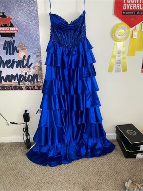Royal Blue Beaded Tiered Satin Prom Dress